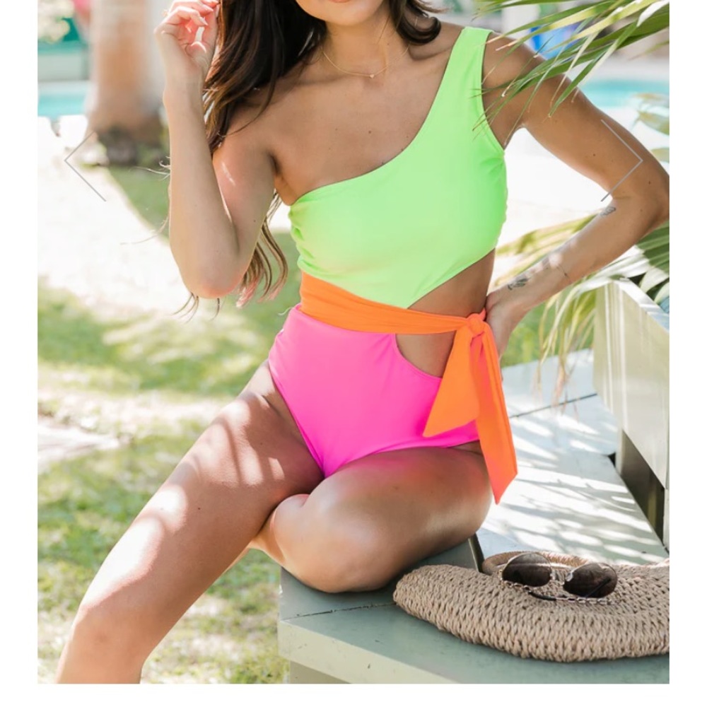Pink Lily Neon Green and Pink One-Shoulder Swimsuit